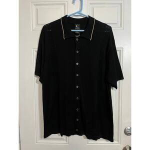 Black Silk Knit Button Up Shirt Minimal Luxe Evening Wear Mens L Mesh Panel NEW